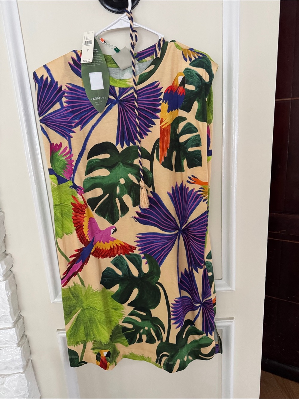 FARM Rio Beige Tropical Parrot Print Mini Dress with Purple & Green Accents